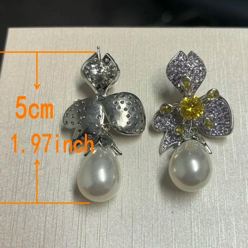 Bilincolor Fashion Cubic Zirconia Purple Flower Pearl Earrings for Women