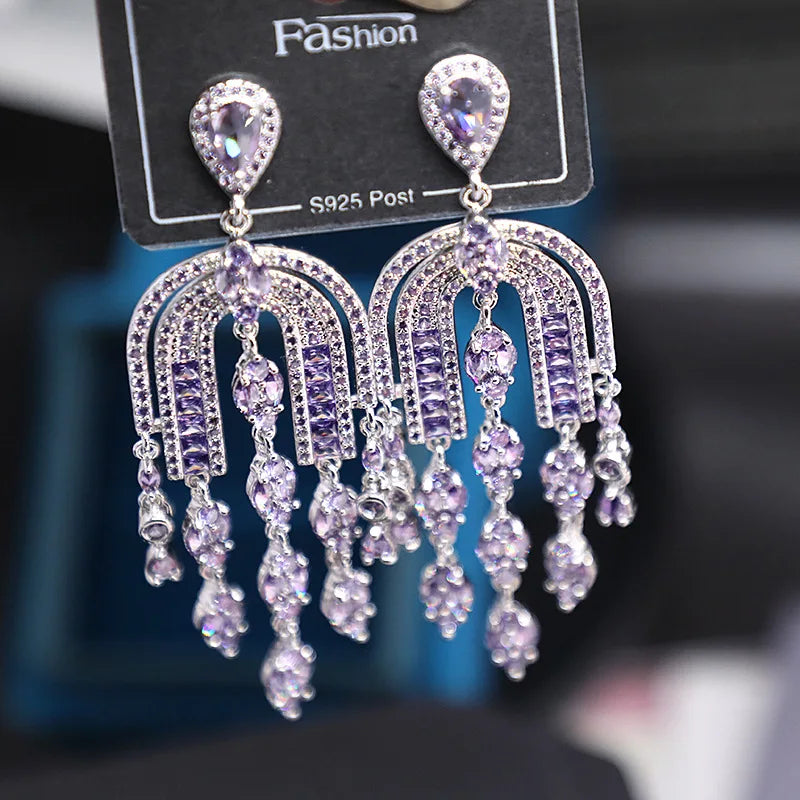 Bilincolor Micro Set Ppurple Zircon Tassel Earrings for Women