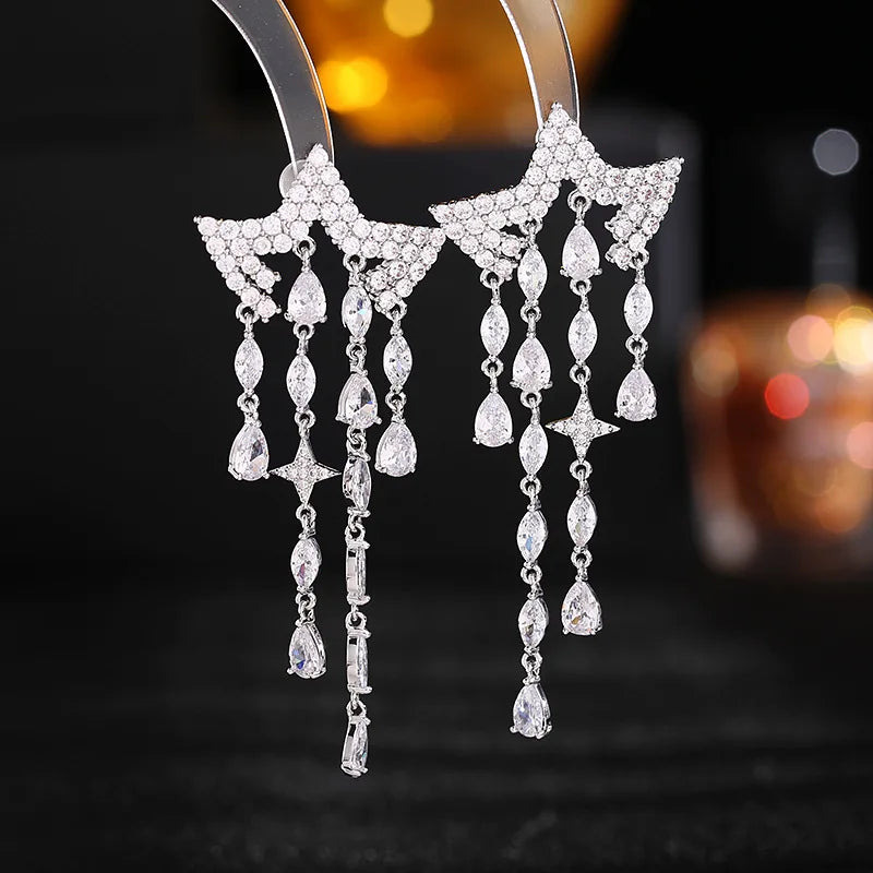 Bilincolor Long Five Pointed Star Tassel Drop Earrings For Wedding or Party