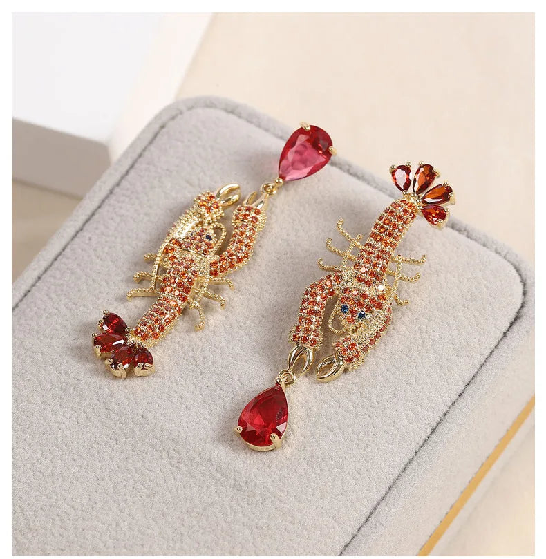 Bilincolor Light Luxury Animal Colored Zircon Lobster Shaped Earrings for Women