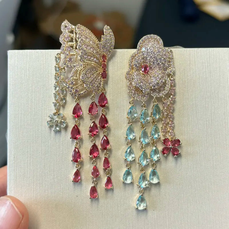 Bilincolor Luxury Zircon Butterfly Flower Tassel   Earrings for Wedding or Party