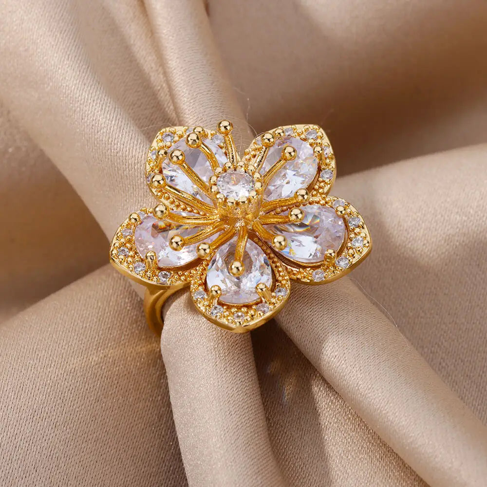 Pink Zircon Flower Rings for Women Gold Color Stainless Steel Ring 2024 Trend Elegant Floral Luxury Aesthetic Jewelry anillos