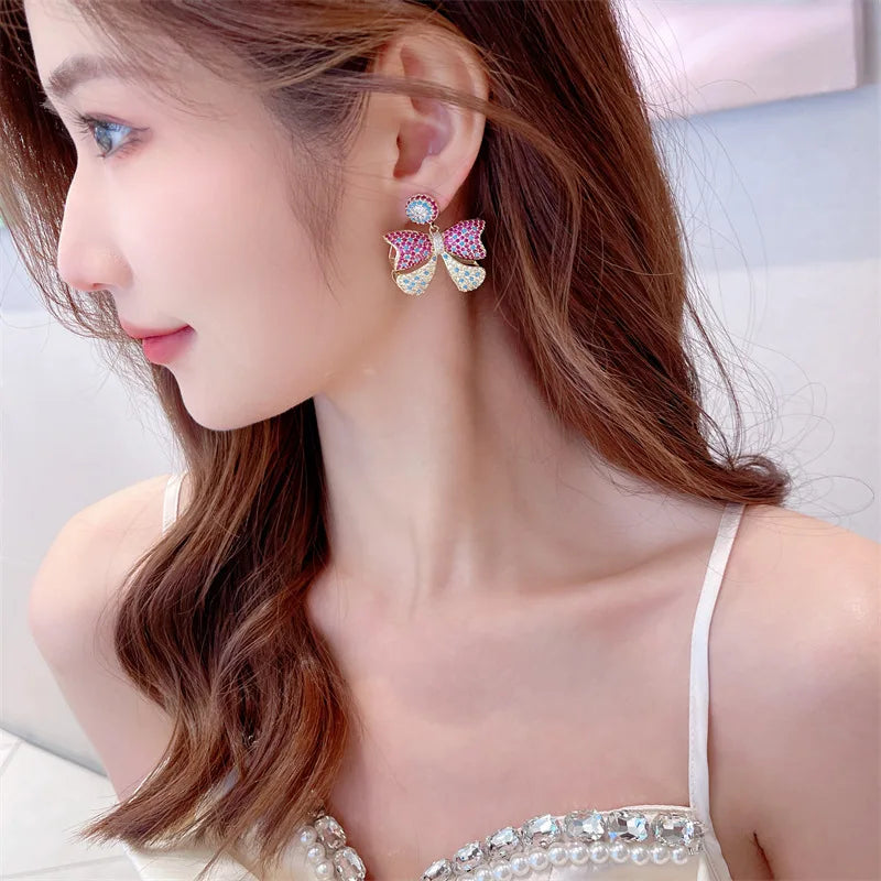 Bilincolor Light Luxury Zircon Hollow Three-dimensional Bow Earrings  for Wedding or Party