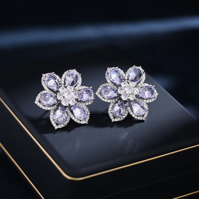 Bilincolor Luxury Zircon Six Petal Flower Earrings for   Wedding or Party