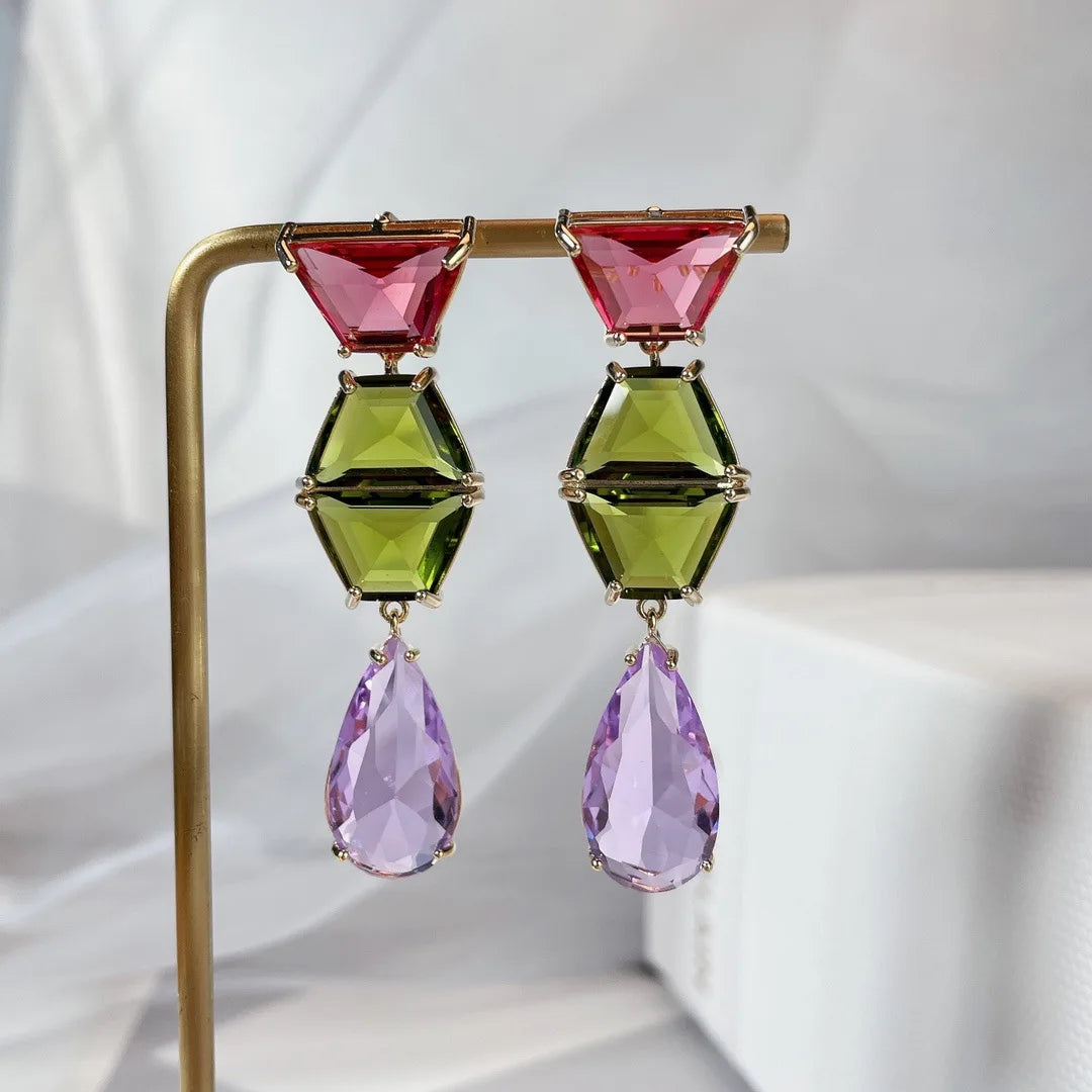 Bilincolor Geometric Colored Zircon Light Luxury Water Drop Shaped Earrings