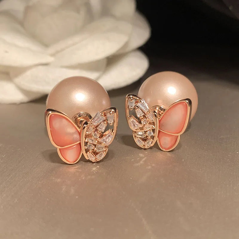 Bilincolor LuxuryZircon Inlaid Natural Fritillaria Butterfly Earrings  for  Wedding or Party