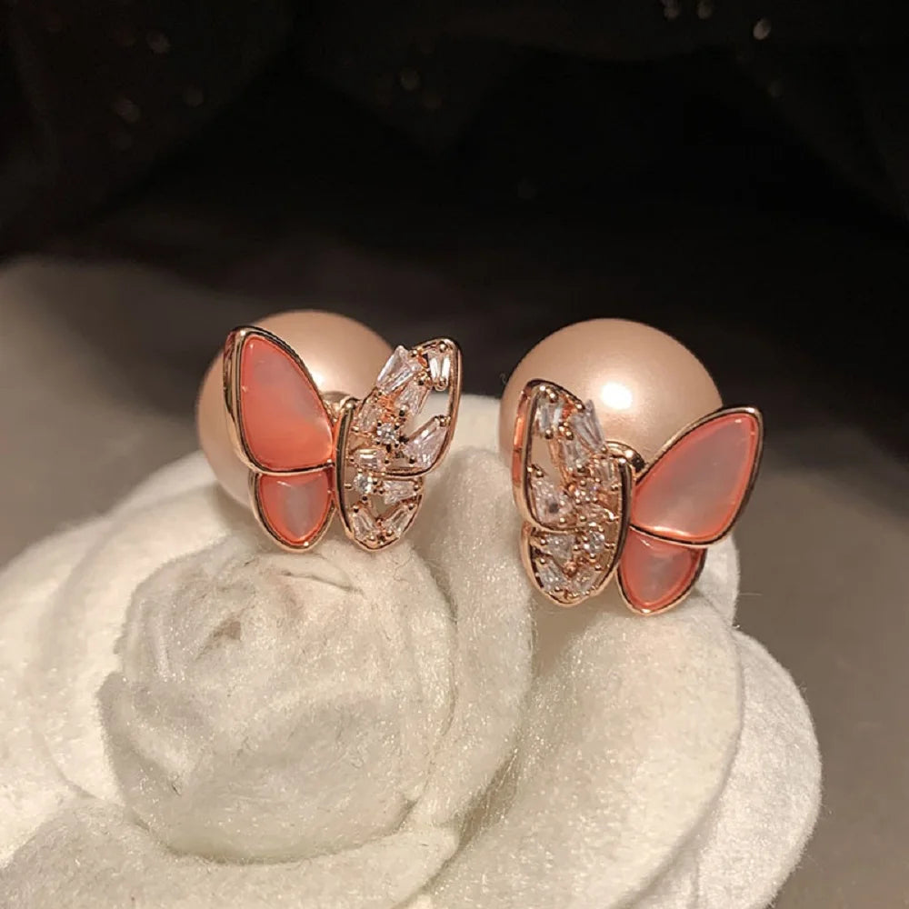 Bilincolor LuxuryZircon Inlaid Natural Fritillaria Butterfly Earrings  for  Wedding or Party