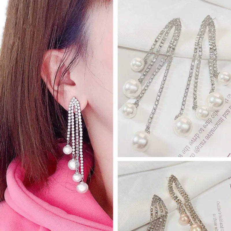 Bilincolor Trendy White Pearl Tassel Earring for Women