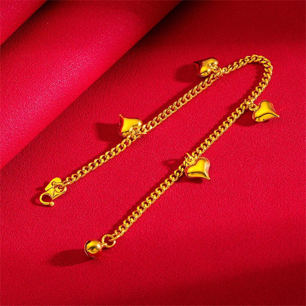 Yellow Gold Color Link Chain Bracelets For Women Five Hearts Charm Bracelet Pulseira Femme Wristband Retro Jewelry Wholesale