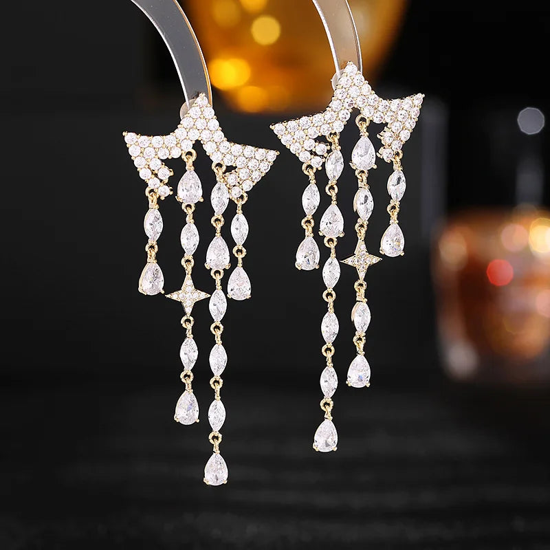 Bilincolor Long Five Pointed Star Tassel Drop Earrings For Wedding or Party