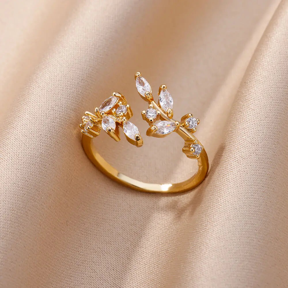 Pink Zircon Flower Rings for Women Gold Color Stainless Steel Ring 2024 Trend Elegant Floral Luxury Aesthetic Jewelry anillos