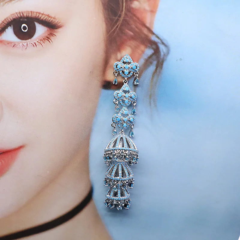 Bilincolor Micro Set Zircon Flower Wind Chime Tassel Earrings