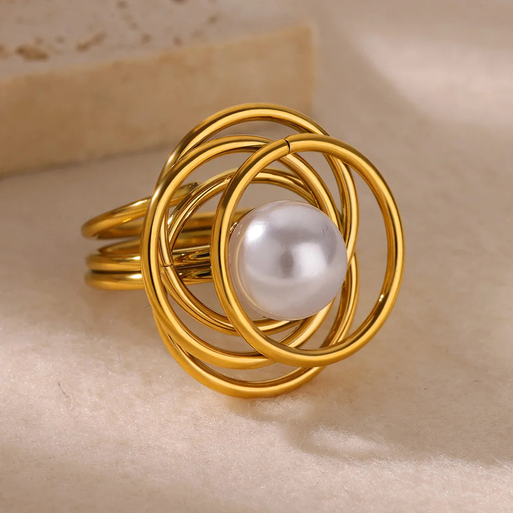 Wrap Pearl Rings for Women Gold Color Stainless Steel Ring 2024 Trend New Geometric Cross Finger Band Couple Aesthetic Jewelry