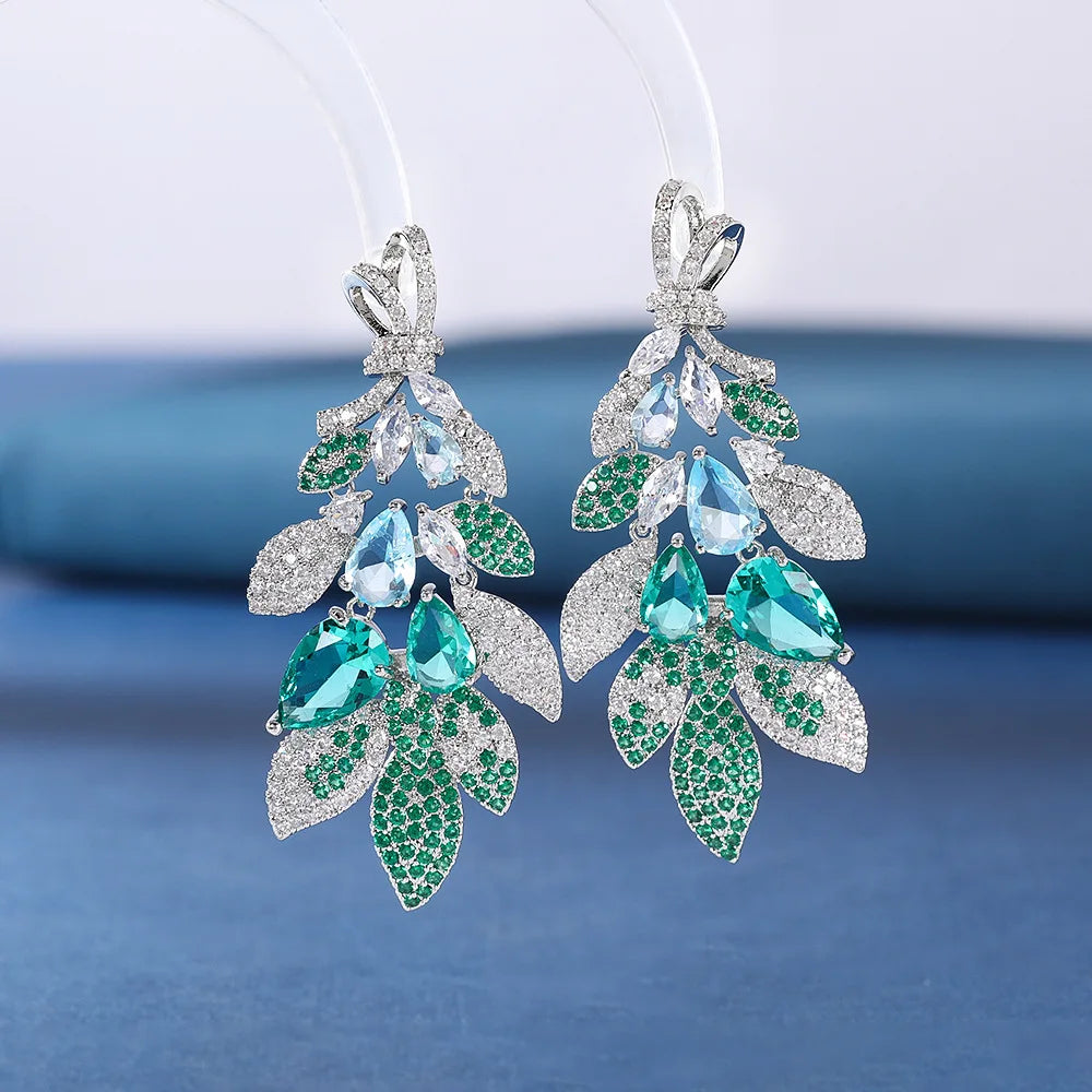 Bilincolor Luxury  Water Drop Zircon Leaf Flower Earrings for Wedding or Party