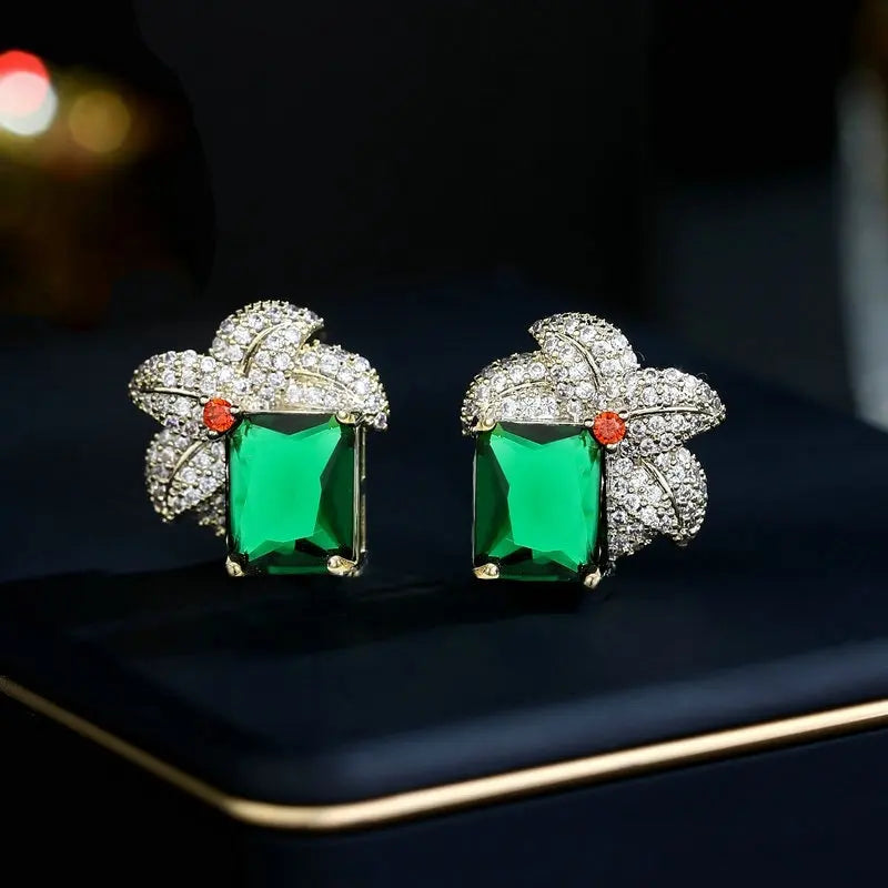 Bilincolor Super Shiny Square Large Zircon Leaf Earrings for Women