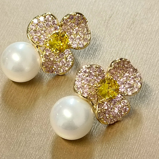 Bilincolor Light Luxury French Retro Elegant Temperament Flower Pearl Earrings for Wedding or Party