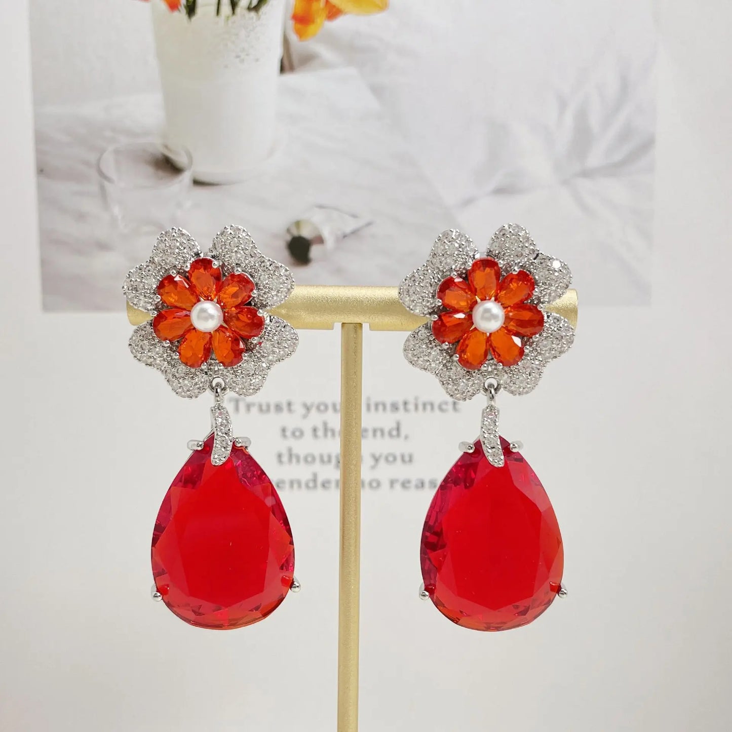 Bilincolor New Fashionable and Atmospheric Droplet Shaped Colorful Zircon Flower Light Luxury Style Earrings For Women