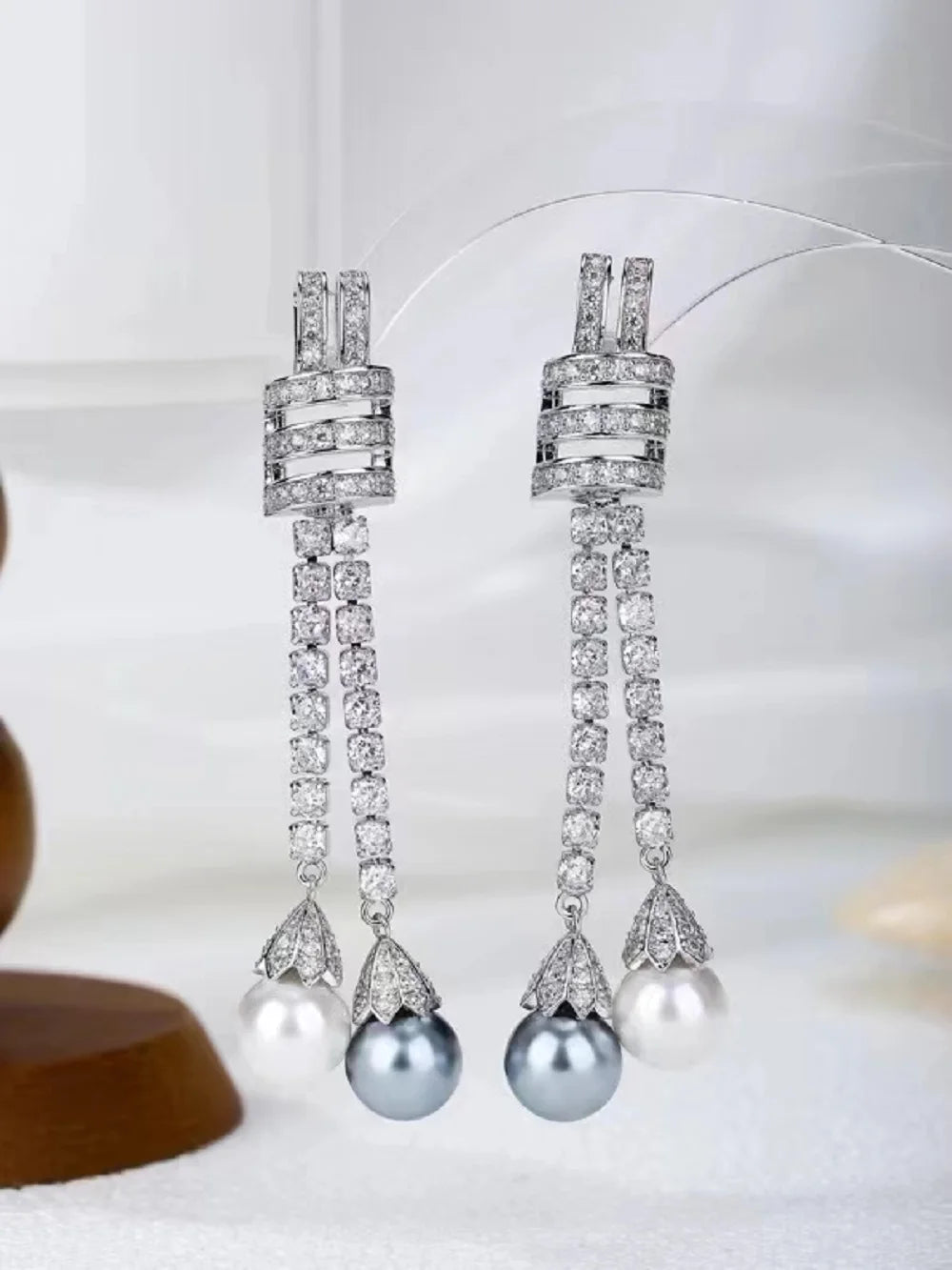 Bilincolor  Fashionable Zircon Tassel Pearl Earrings for Women