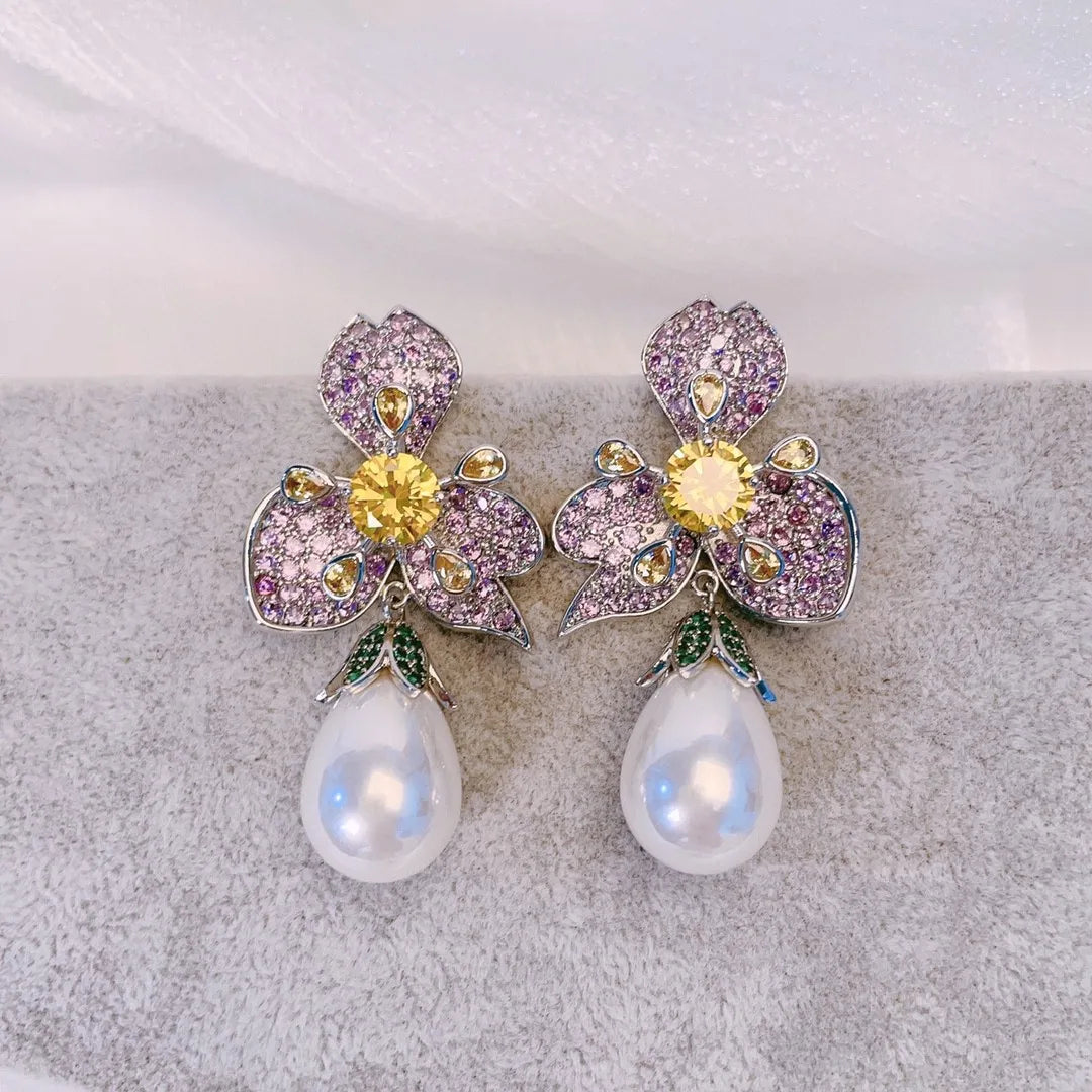 Bilincolor Fashion Cubic Zirconia Purple Flower Pearl Earrings for Women