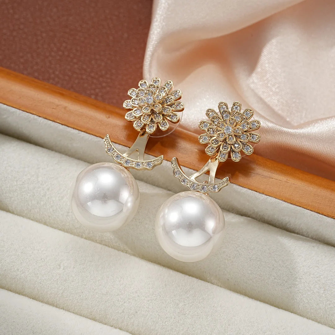 Bilincolor Light Luxury Micro-inlaid Zircon Flower Double-wear Pearl Earrings For Women