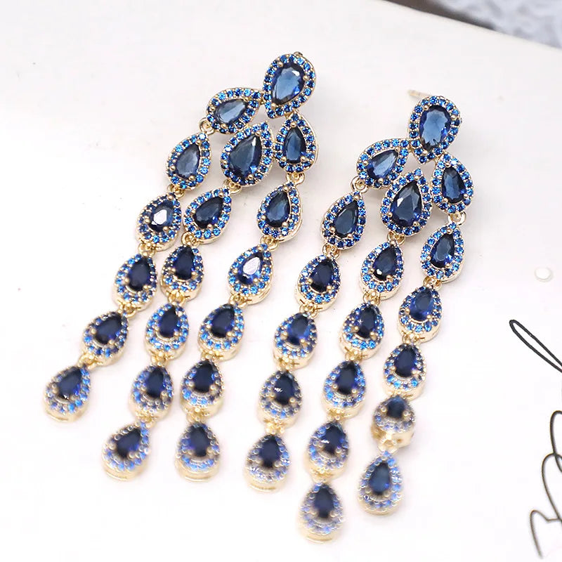 Bilincolor Micro Set Deep Blue Zircon Water Drop Tassel Earrings for Women