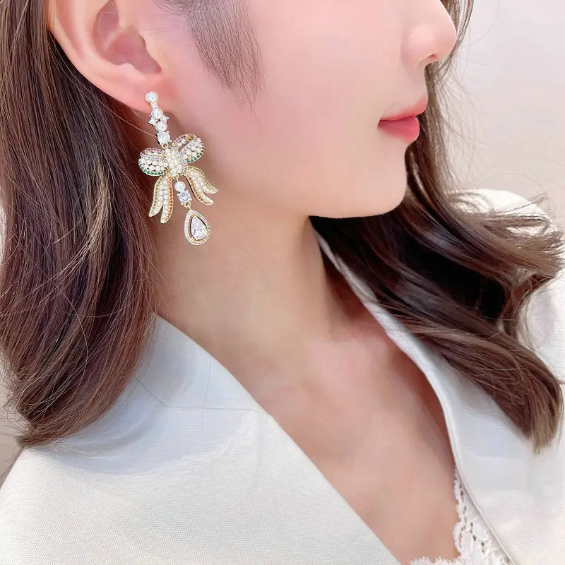 Bilincolor Romantic and Elegant Heavy Industry Water Drop Pearl Bow Earrings for Women