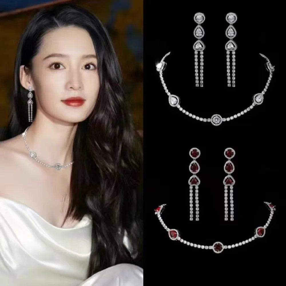 Bilincolor Light Luxury and Minimalist Red Zircon Chain Necklace Earrings for Women