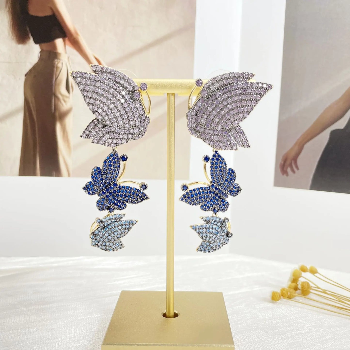 Bilincolor Light Luxury Colorful Zircon Butterfly Earrings for Women