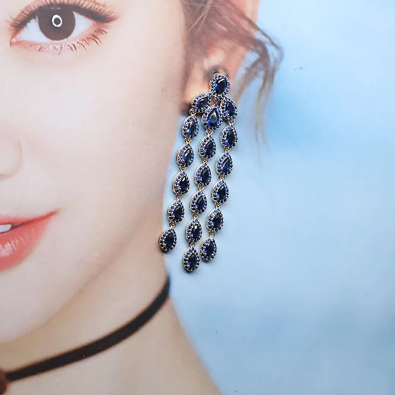 Bilincolor Micro Set Deep Blue Zircon Water Drop Tassel Earrings for Women