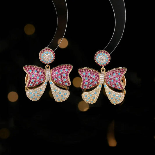 Bilincolor Light Luxury Zircon Hollow Three-dimensional Bow Earrings  for Wedding or Party