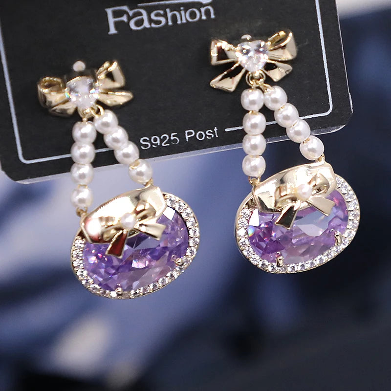 Bilincolor Bowknot Purple Oval Crystal Earrings for Women