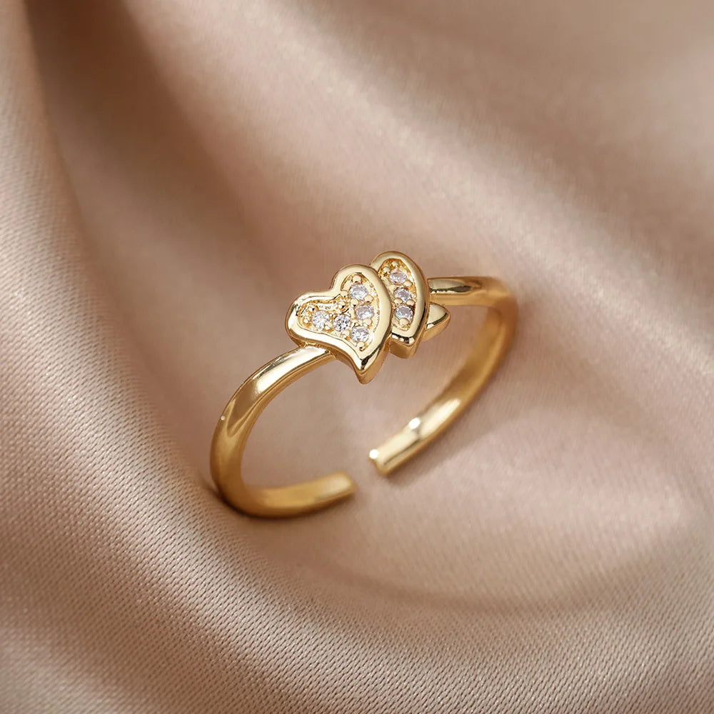 Heart Zircon Rings for Women Open Adjustable Stainless Steel Ring Gold Color Romantic Wedding Couple Aesthetic Jewelry anillos