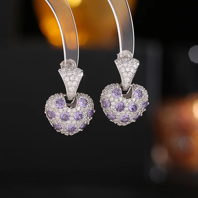 Bilincolor Light Luxury  Zircon Three-dimensional Heart-shaped Earrings  for Wedding or Party