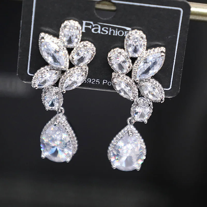 Bilincolor Micro Set Zircon Leaf Water Drop Earrings for Women