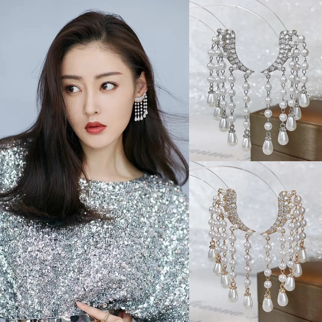 Bilincolor Light Luxury Micro Set Zircon Pearl Tassel Earrings for Women