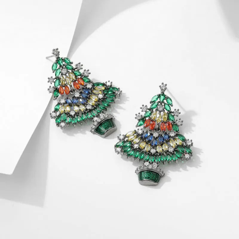 Bilincolor Luxury Colorful Zircon Inlaid Christmas Tree Earrings  for  Christmas Gift