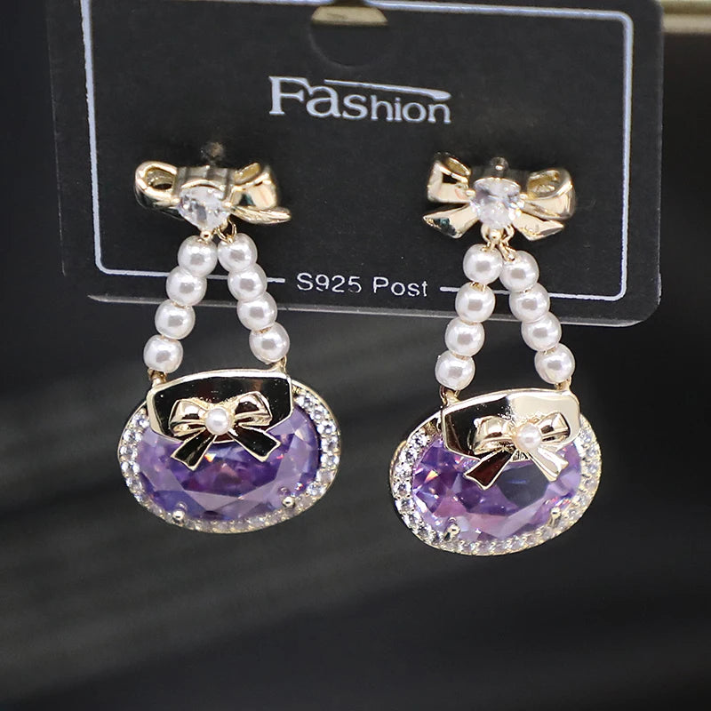 Bilincolor Bowknot Purple Oval Crystal Earrings for Women