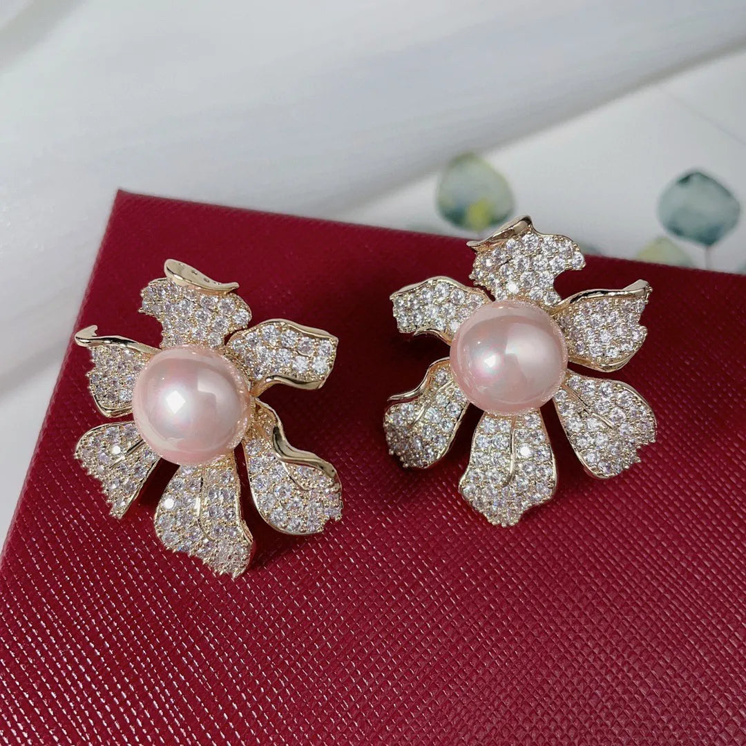 Bilincolor Fashionable, Elegant and Delicate Flower Pearl Studded Zircon Earrings for Christmas Gift