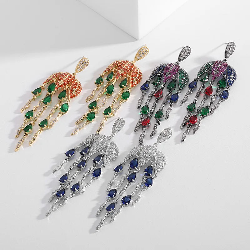 Bilincolor Luxury Colorful Zircon Inlaid Petal Water Drop Fringe Earrings  for  Wedding  or Party