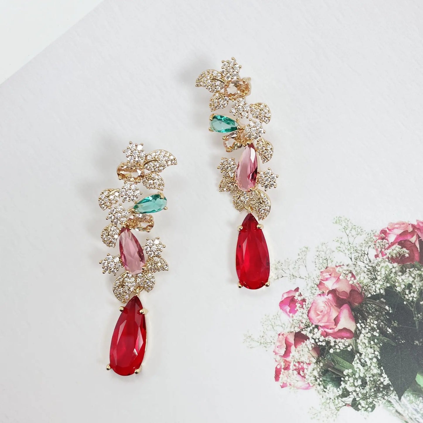 Bilincolor Drop-shaped Color Zircon Flower Earrings For Women