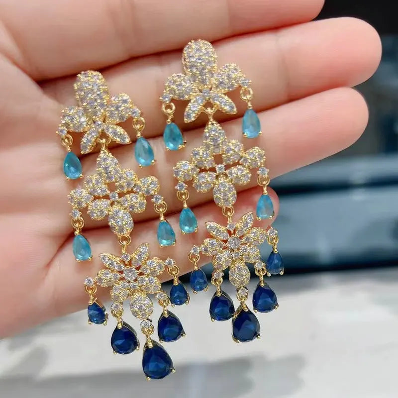 Bilincolor   Micro Set Zircon Flower Tassel Water Drop Earrings for Women