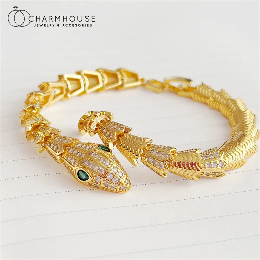 Women's Hand Bracelets Stainless Steel Gold Color Snake Bangle with Zirconia Luxury High Quality Jewelry Accessories Gifts