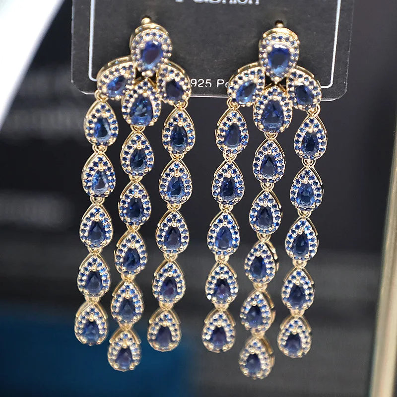 Bilincolor Micro Set Deep Blue Zircon Water Drop Tassel Earrings for Women