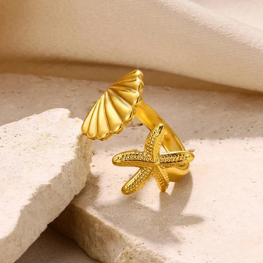 Shell Starfish Rings for Women Waterproof Gold Color Stainless Steel Ring Ocean Aesthetic Jewelry Lucky Couple Gift anillos 2024