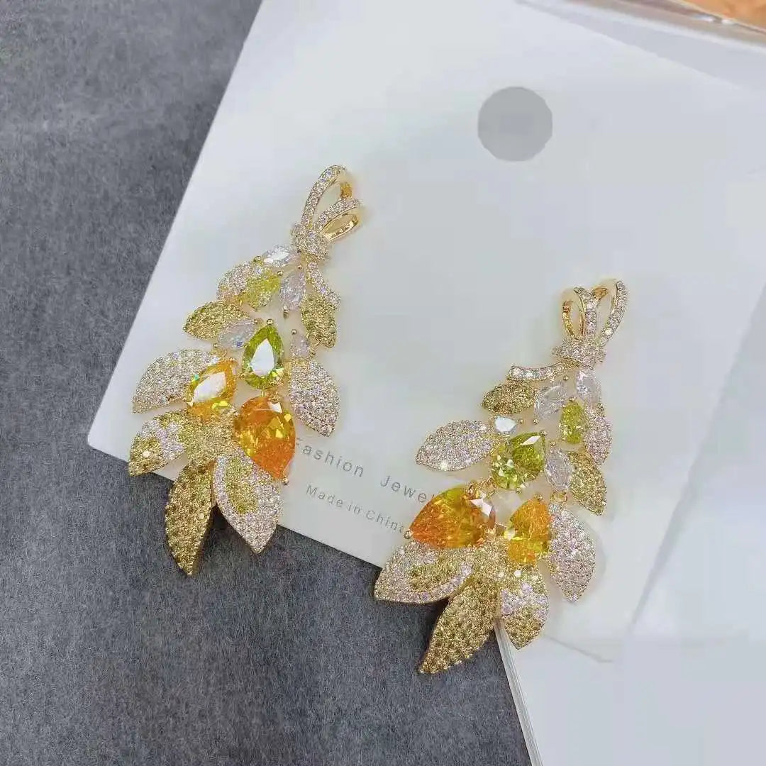 Bilincolor Luxury  Water Drop Zircon Leaf Flower Earrings for Wedding or Party