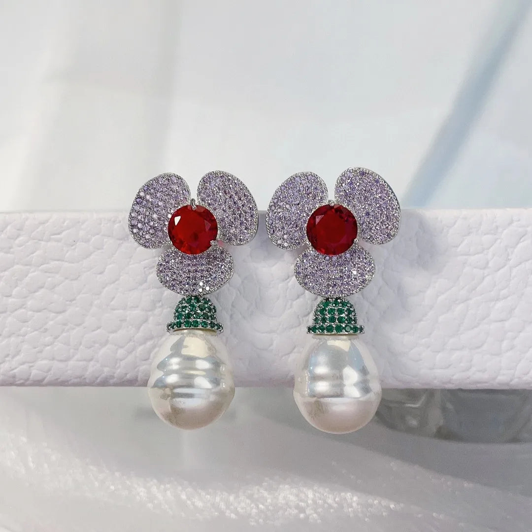 Bilincolor Fashion Three-dimensional Flower Drop Pearl Earrings for Women