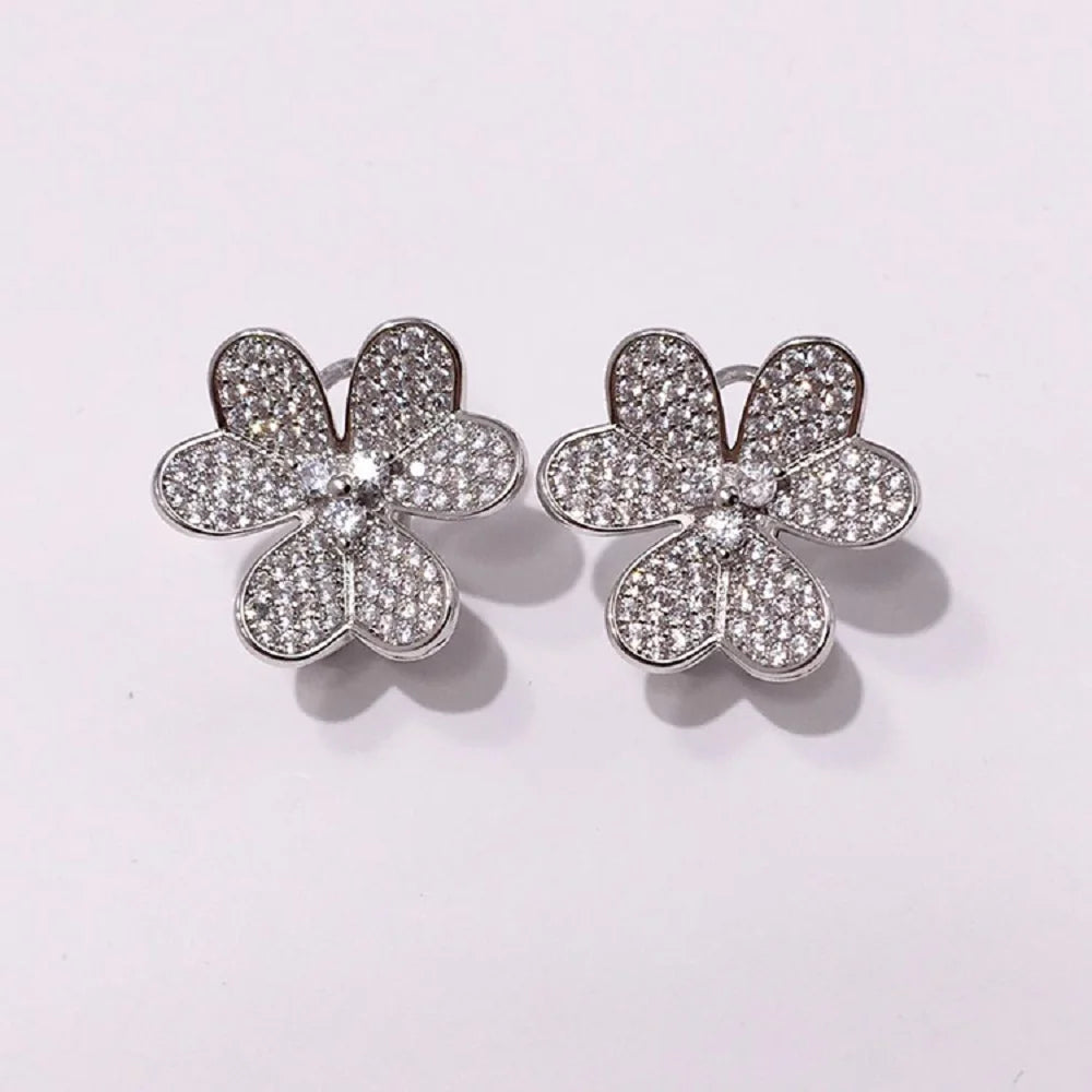 Bilincolor Silver Colour Tiny Cubic Zirconia Luxury Flower Stud Earring with Lock On The Back Female