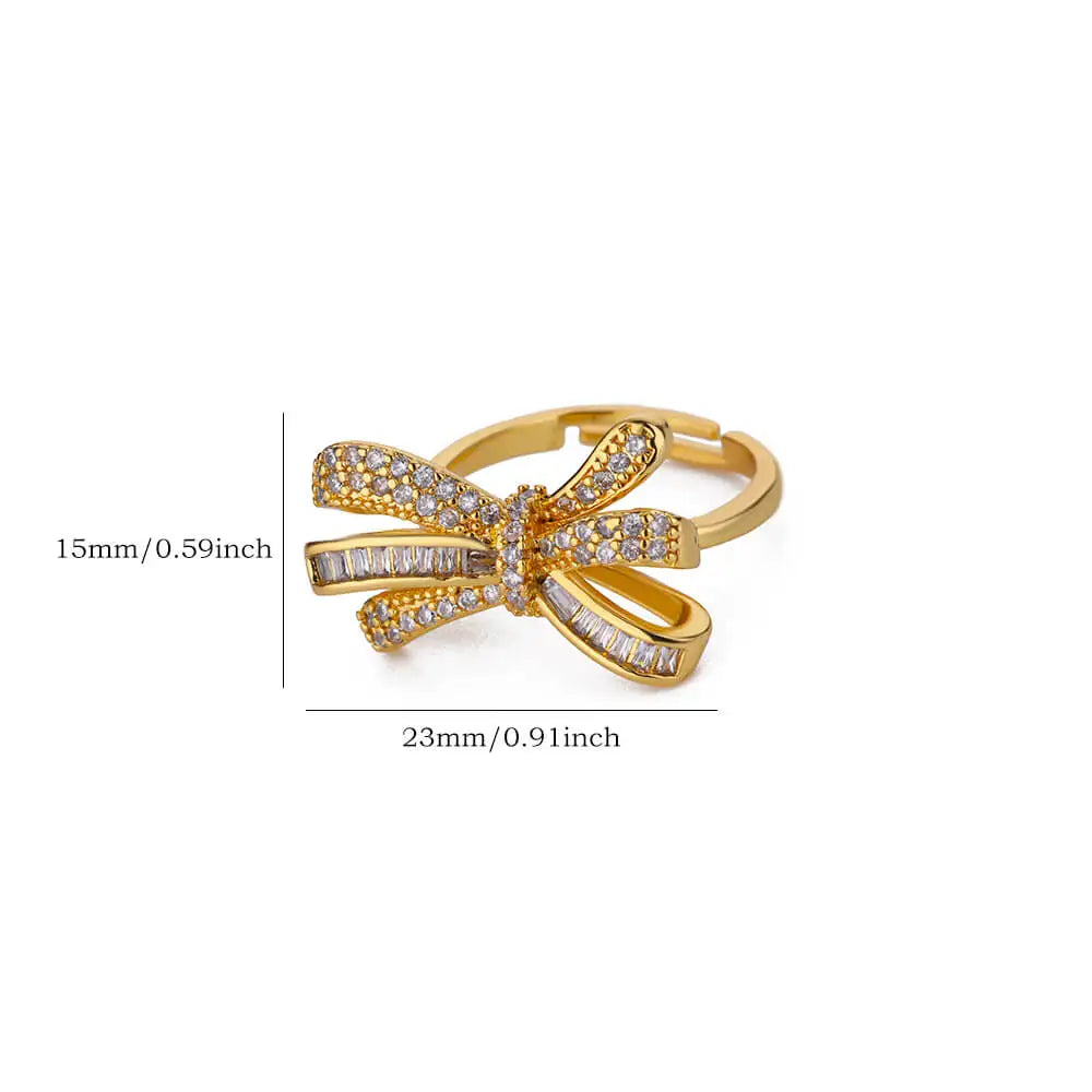 Zircon Bow Knot Rings for Women Opening Gold Color Stainless Steel Ring Retro Bling Couple Band Aesthetic Jewelry anillos mujer