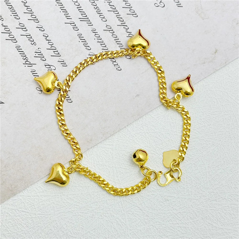 Yellow Gold Color Link Chain Bracelets For Women Five Hearts Charm Bracelet Pulseira Femme Wristband Retro Jewelry Wholesale