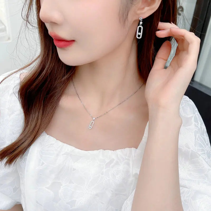 Bilincolor Korean Version Fresh Zircon Inlaid Earrings Collarbone Chain Jewelry Set for Gift